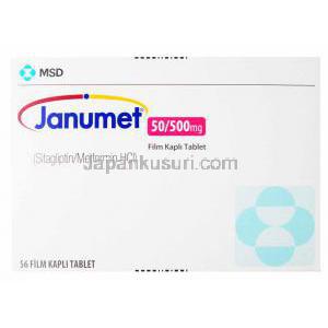 ジャヌメット, シタグリプチン/メトホルミン,　50mg/1000mg, 56錠,製造元：MSD, 箱表面